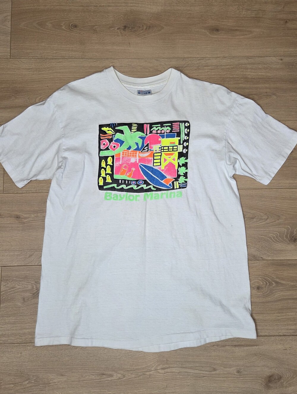 Vintage 90s Baylor Marina Neon Graphic Tee T-Shirt USA Made Hanes Beefy-T XL